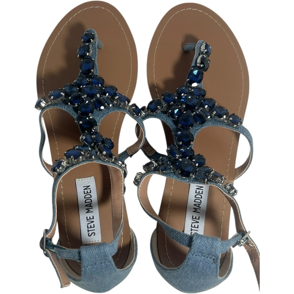Steve Madden blue denim Sandals 8 Jeweled flat rhinestones NIB flat travel